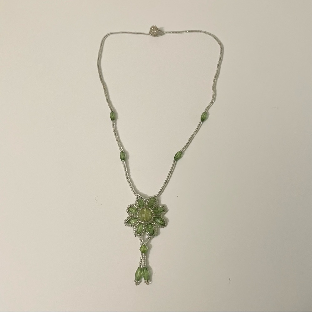 Handmade Sage Green Beaded Flower Pendant Necklace